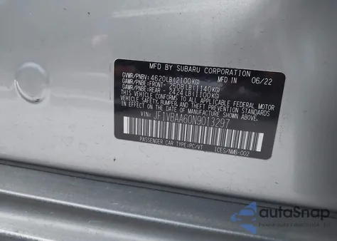 2022 Subaru Wrx из США, поврежденный, VIN JF1VBAA60N9013297